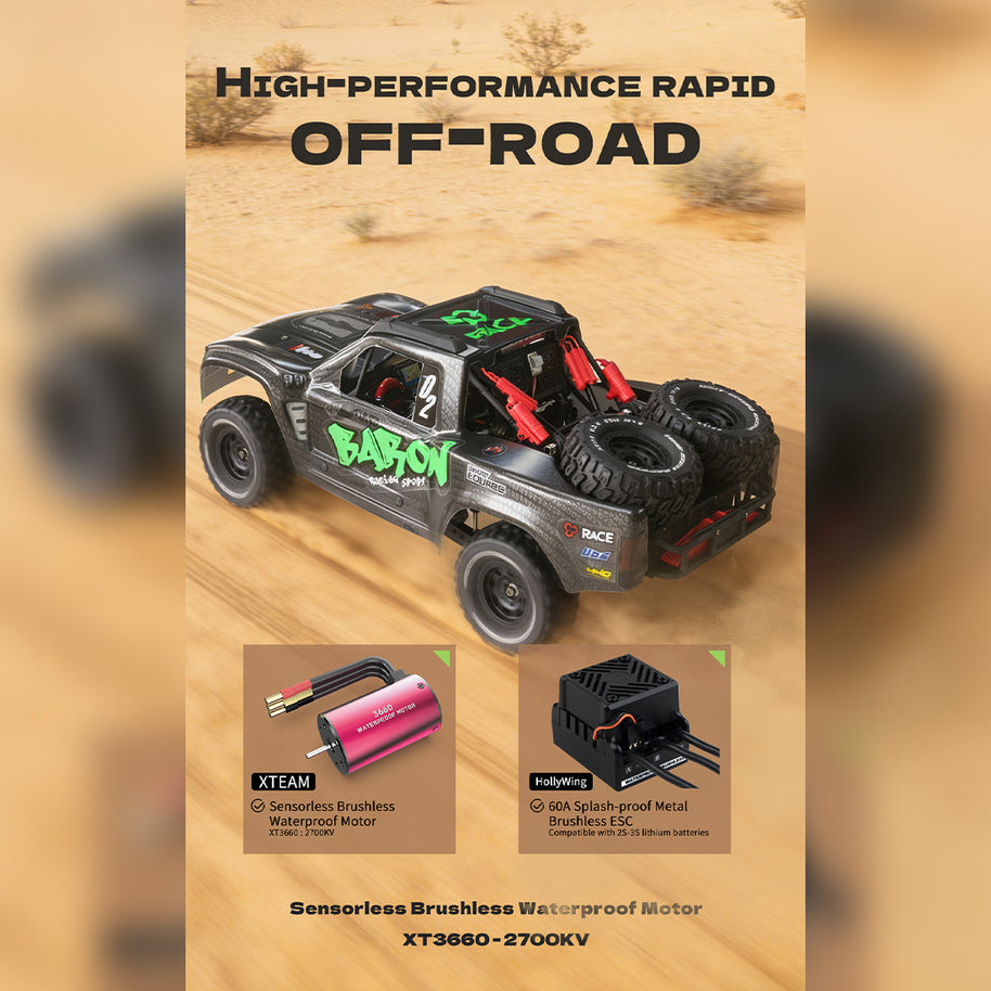 1/10スケール 2.4GHz 4WDブラシレスRCトラック 全地形 高速オフロードカー ジャイロ安定 金属ドライブトレイン LEDライト RTR
