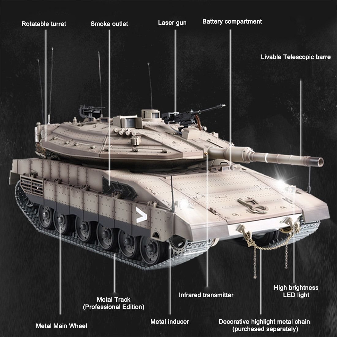 1/16 イスラエル メルカバIV RC戦車 2.4G 7.1最新システム 赤外線戦闘 BB発射 スモーク効果