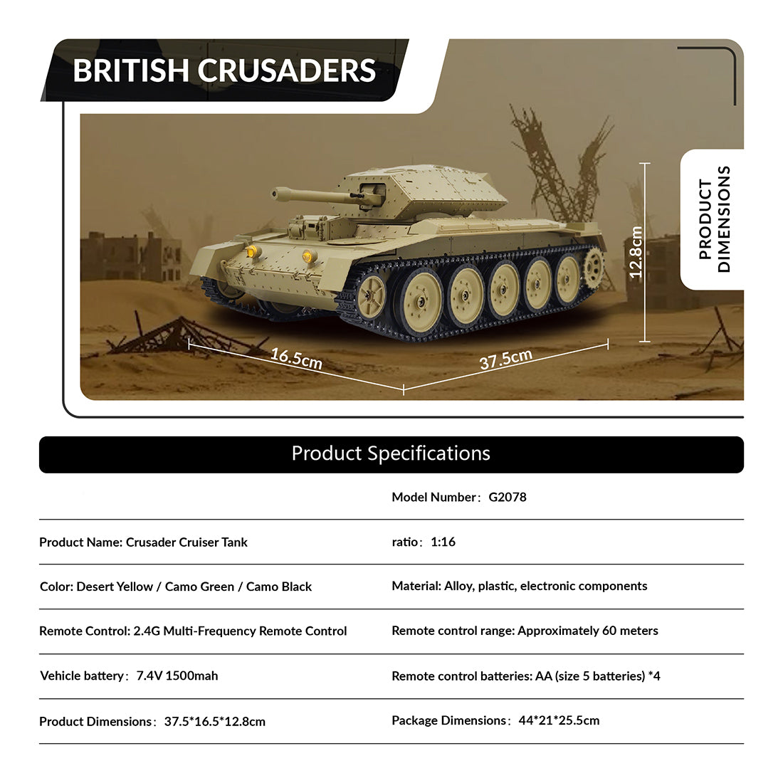 1/16スケール2.4G英国クルセイダーRC戦車 全プロポーショナル 2段階速度 反動シミュレーション