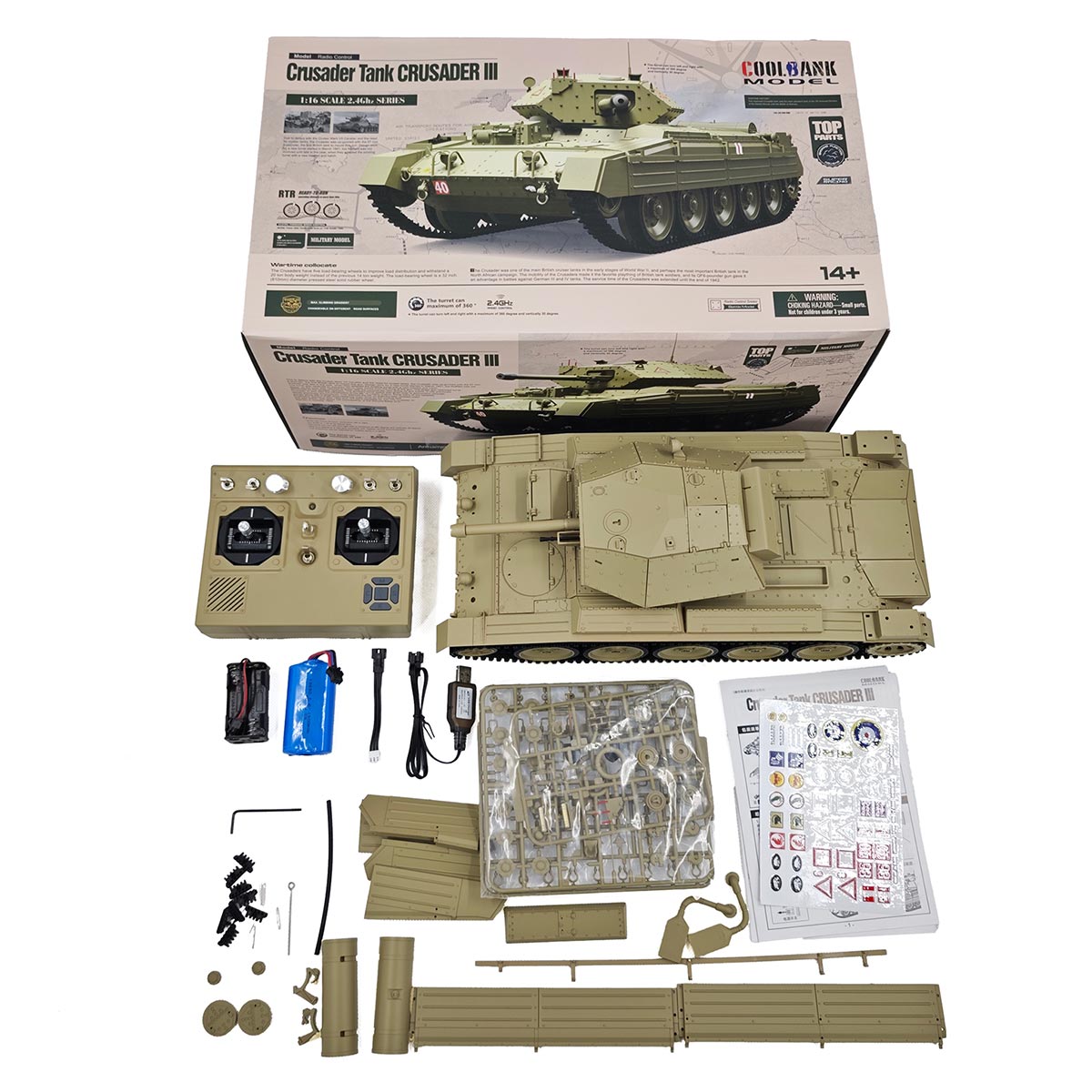 1/16スケール2.4G英国クルセイダーRC戦車 全プロポーショナル 2段階速度 反動シミュレーション