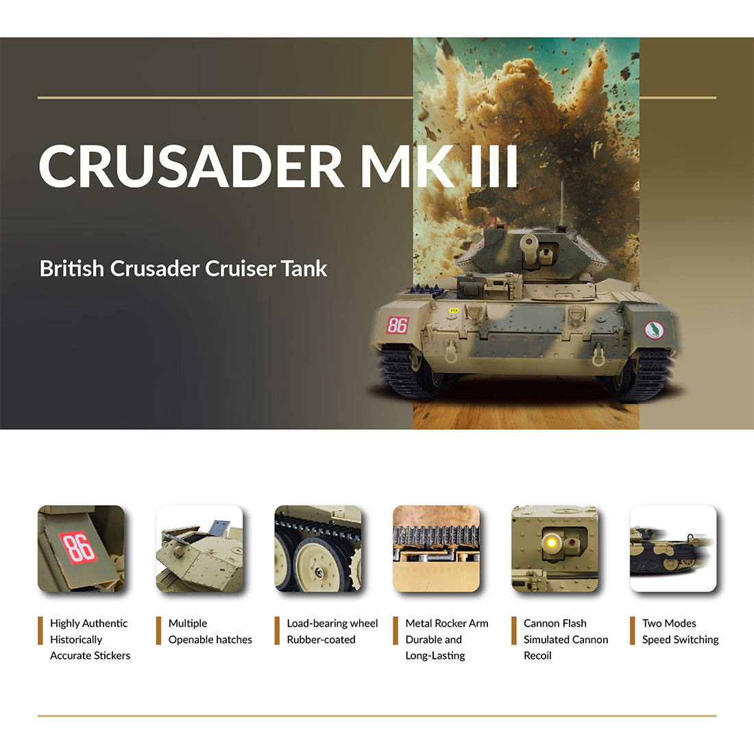 1/16スケール2.4G英国クルセイダーRC戦車 全プロポーショナル 2段階速度 反動シミュレーション