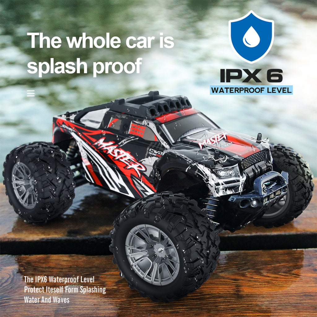 1/16スケール 4WD RC大型タイヤトラック 2.4GHzプロポーショナル制御 全地形防水 金属ダンパー RTRセット レッド