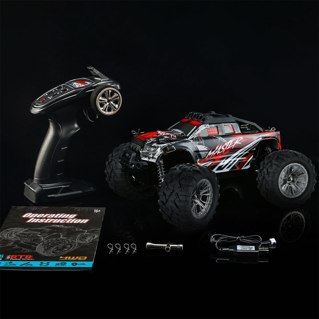 1/16スケール 4WD RC大型タイヤトラック 2.4GHzプロポーショナル制御 全地形防水 金属ダンパー RTRセット レッド