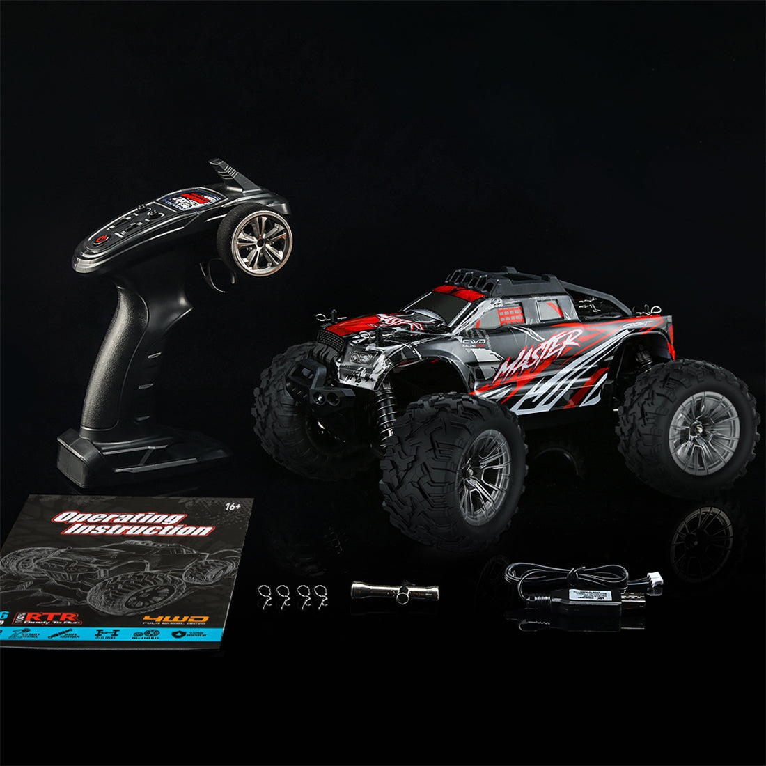 1/16スケール 4WD RC大型タイヤトラック 2.4GHzプロポーショナル制御 全地形防水 金属ダンパー RTRセット レッド