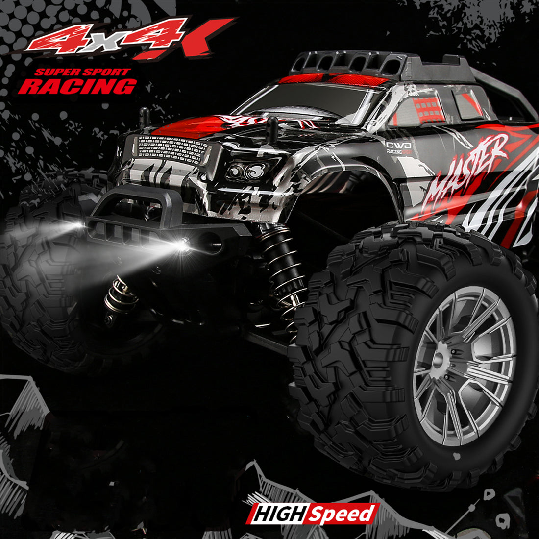 1/16スケール 4WD RC大型タイヤトラック 2.4GHzプロポーショナル制御 全地形防水 金属ダンパー RTRセット レッド