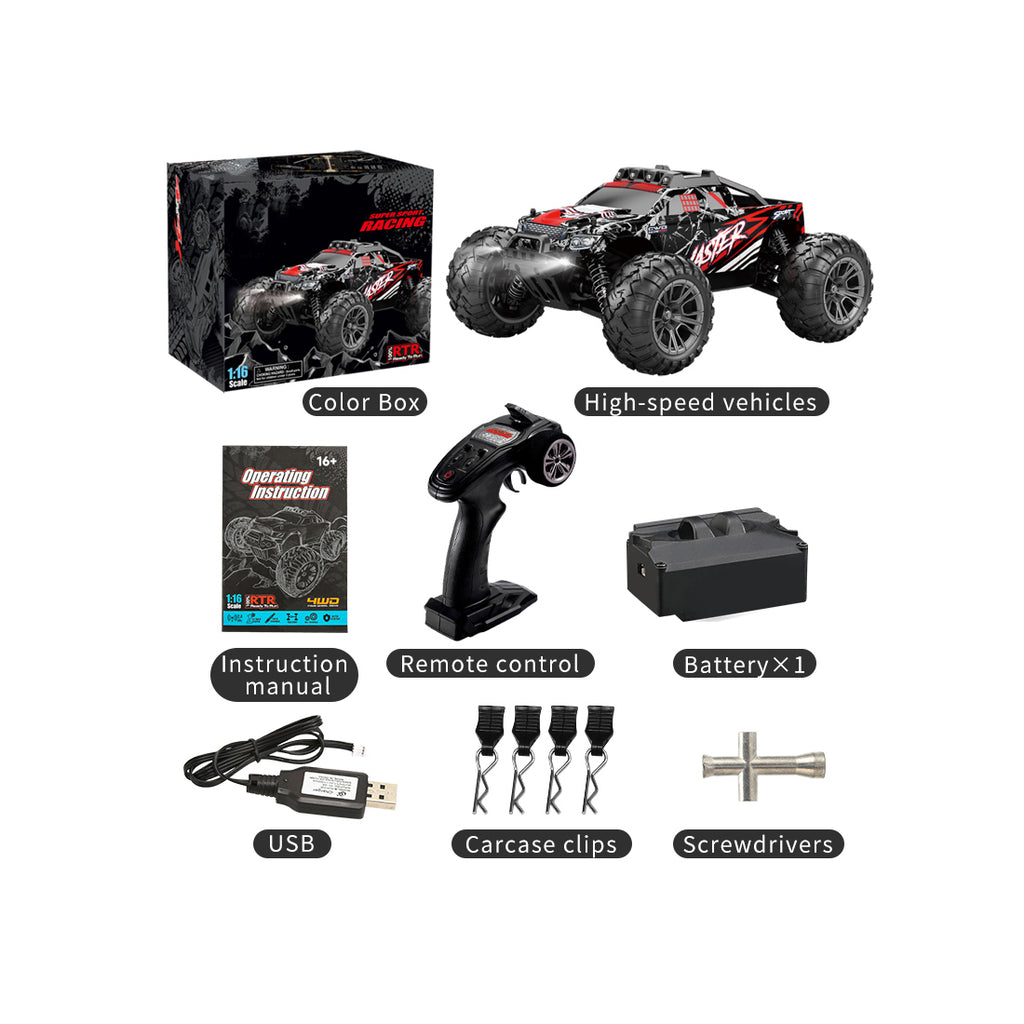 1/16スケール 4WD RC大型タイヤトラック 2.4GHzプロポーショナル制御 全地形防水 金属ダンパー RTRセット レッド