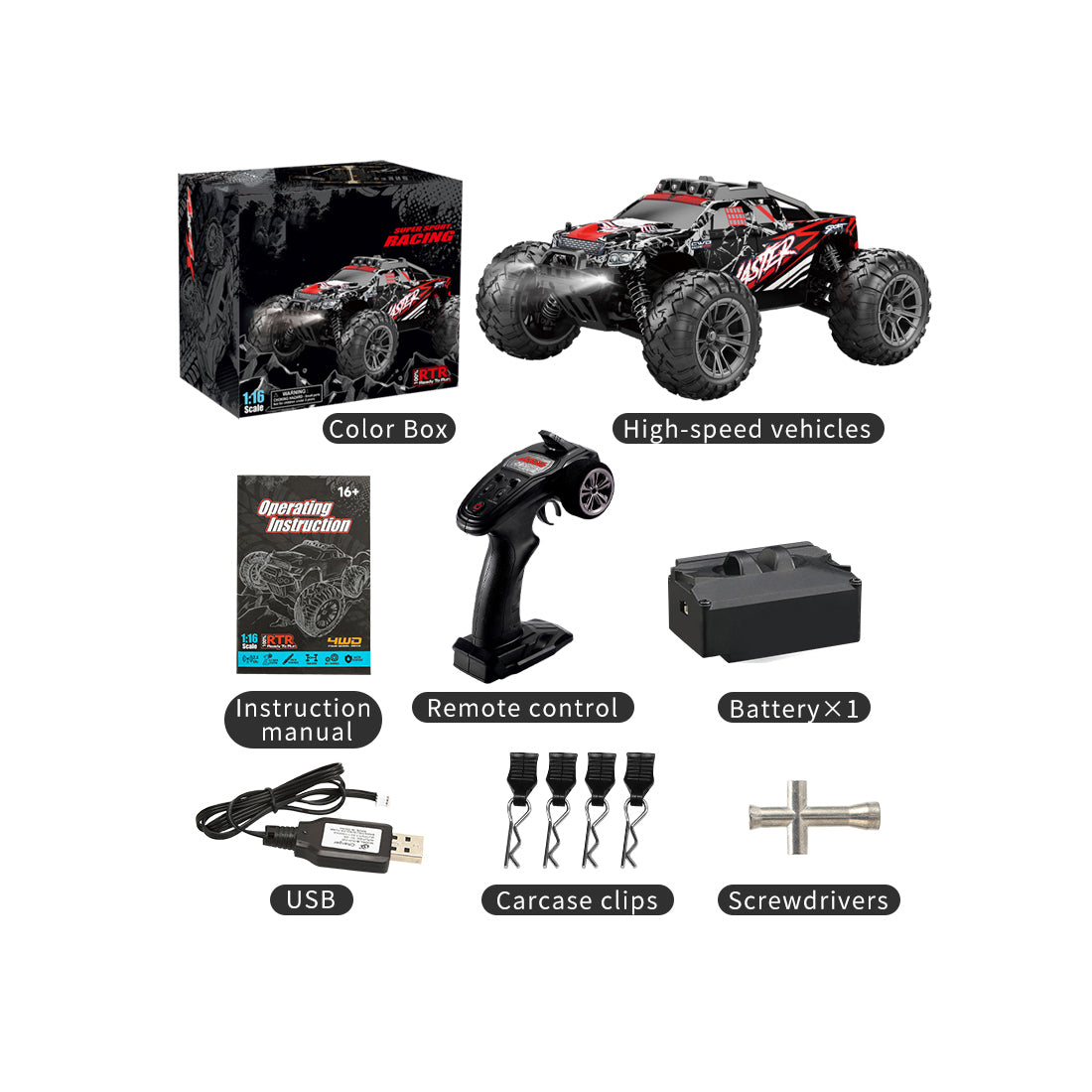 1/16スケール 4WD RC大型タイヤトラック 2.4GHzプロポーショナル制御 全地形防水 金属ダンパー RTRセット レッド