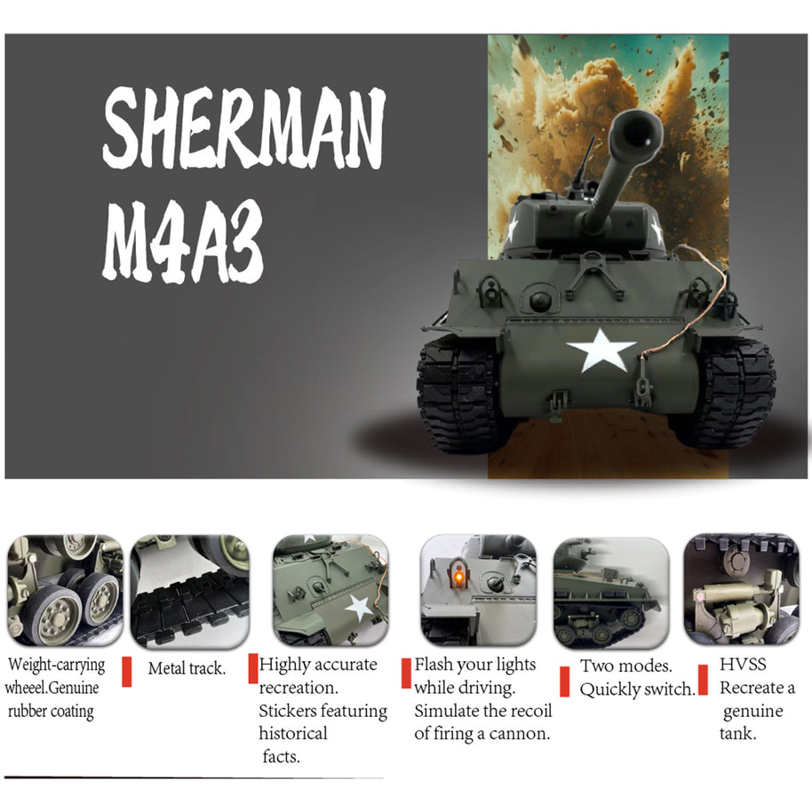 1/16スケールM4A3E8シャーマンRC戦車 金属強化版 360°回転タレット 赤外線バトル オリーブグリーン