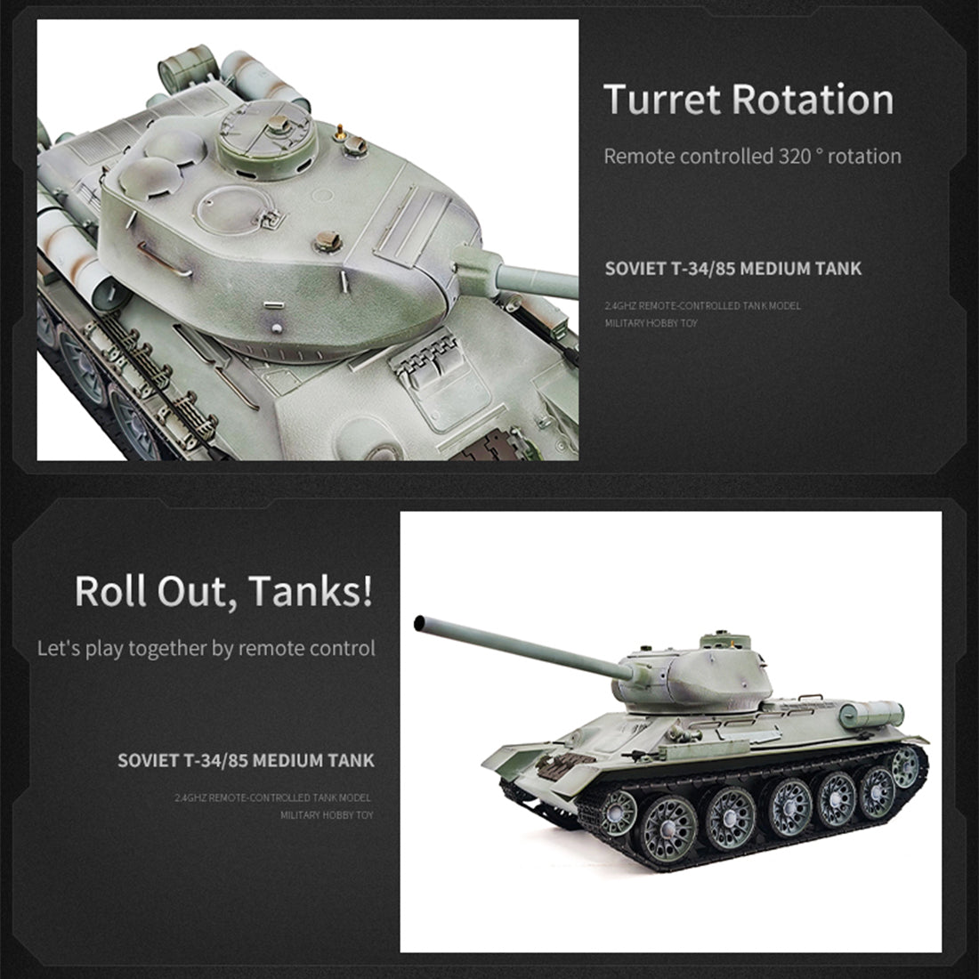 1/16 ソ連T-34/85 RC中戦車 2.4G全プロポーショナル 金属パーツ強化 スモーク音響 赤外線バトル BB発射 RTRプロ版