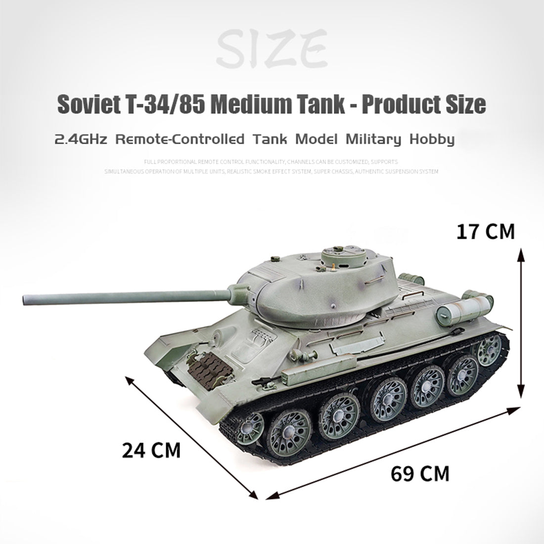 1/16 ソ連T-34/85 RC中戦車 2.4G全プロポーショナル 金属パーツ強化 スモーク音響 赤外線バトル BB発射 RTRプロ版