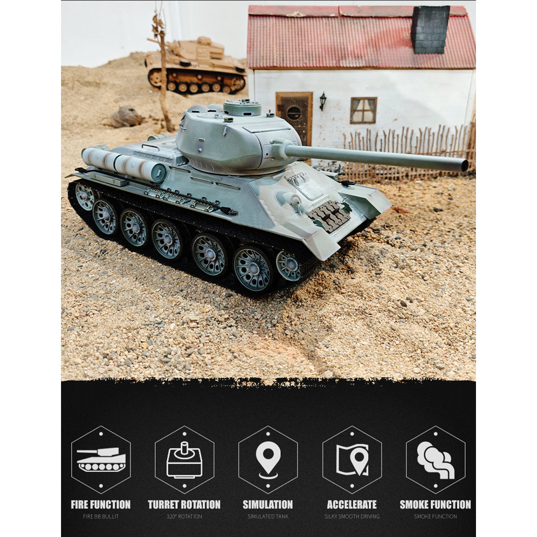 1/16 ソ連T-34/85 RC中戦車 2.4G全プロポーショナル 金属パーツ強化 スモーク音響 赤外線バトル BB発射 RTRプロ版