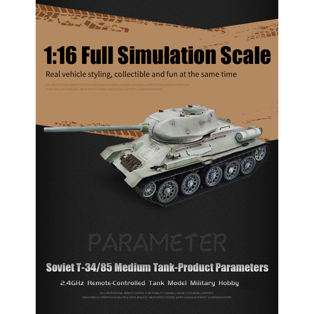 1/16 ソ連T-34/85 RC中戦車 2.4G全プロポーショナル 金属パーツ強化 スモーク音響 赤外線バトル BB発射 RTRアップグレード版