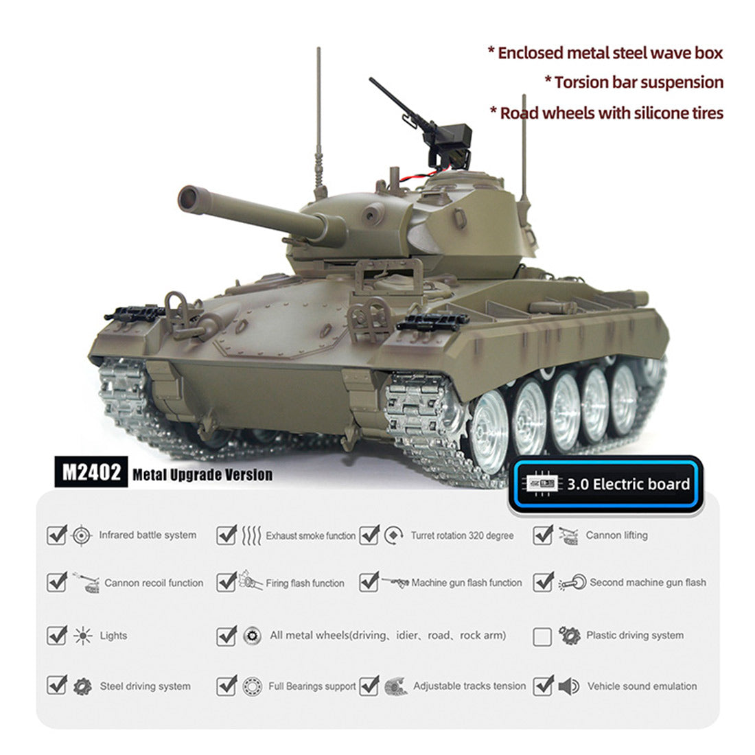 1/16 米軍M24軽戦車 RC 2.4G 金属強化版 スモーク・音響・反動再現 フルプロポーショナル操作