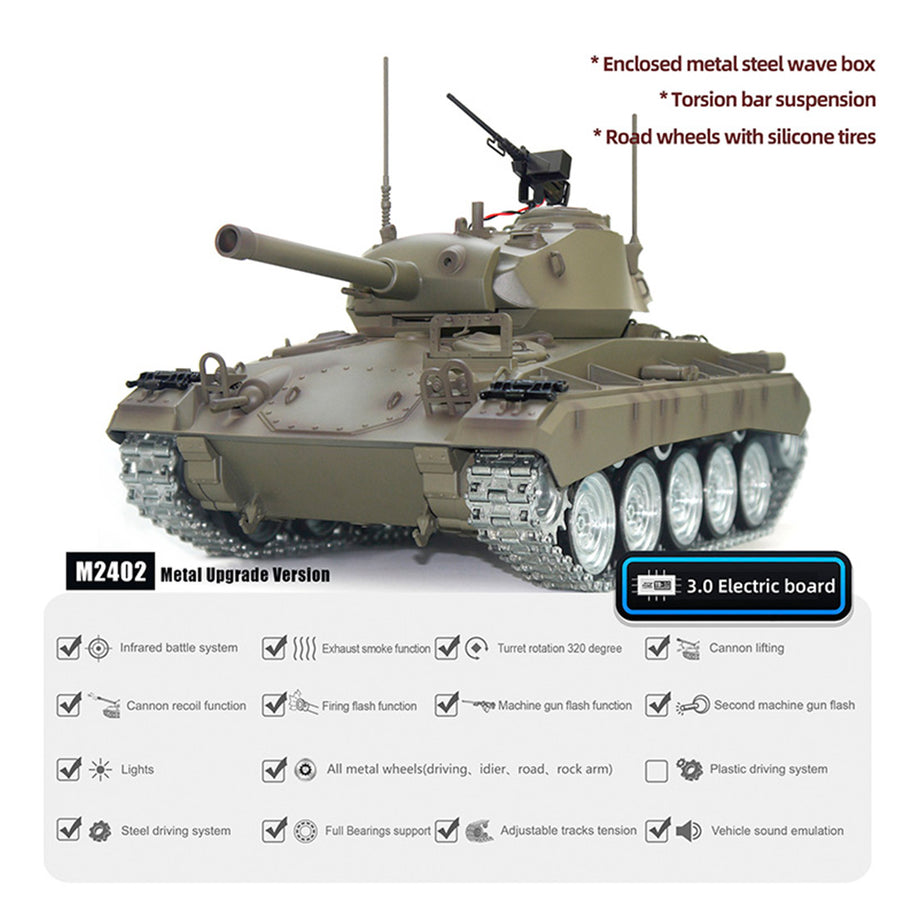 1/16 米軍M24軽戦車 RC 2.4G 金属強化版 スモーク・音響・反動再現 フルプロポーショナル操作