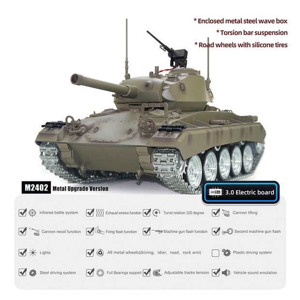 1/16 米軍M24軽戦車 RC 2.4G 金属強化版 スモーク・音響・反動再現 フルプロポーショナル操作