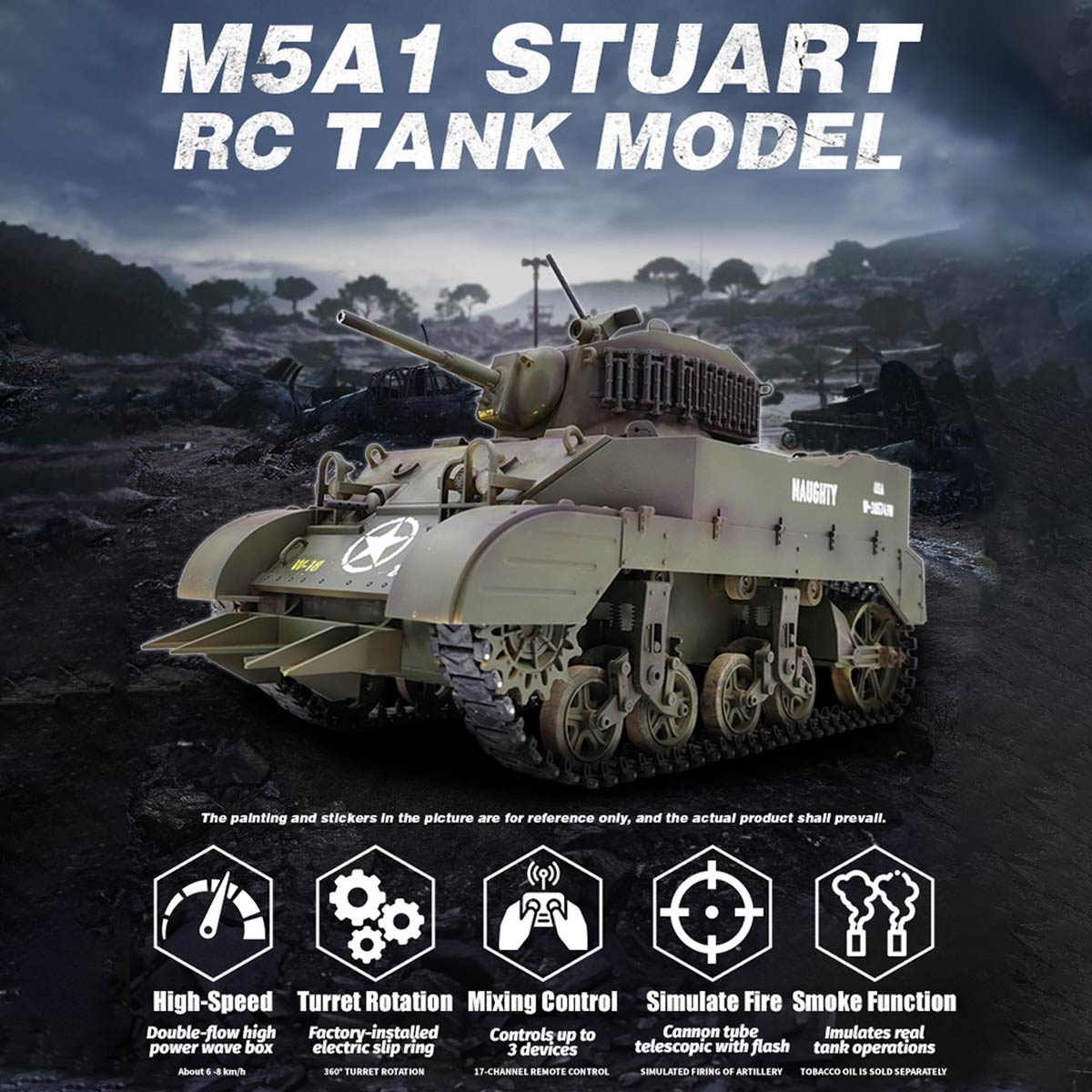 1/16 米軍M5A1スチュアート軽戦車 RC 2.4G 影仕上げ 排気スモーク 2段階速度 バッテリー2本付き