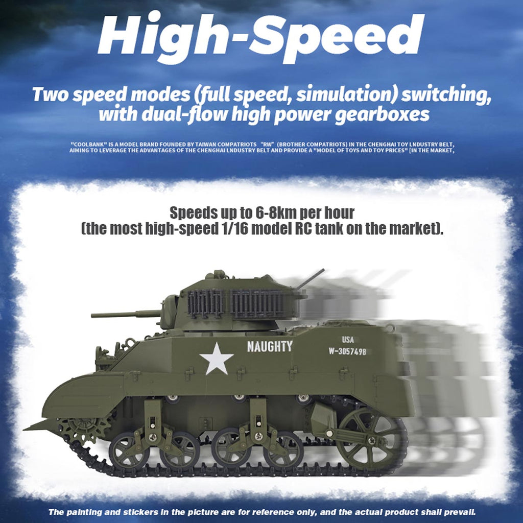 1/16 米軍M5A1スチュアート軽戦車 RC 2.4G 影仕上げ 排気スモーク 2段階速度 バッテリー2本付き