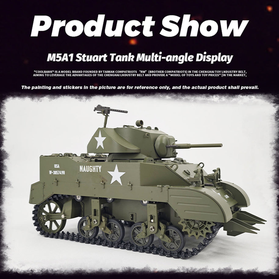 1/16 米軍M5A1スチュアート軽戦車 RC 2.4G 影仕上げ 排気スモーク 2段階速度 バッテリー2本付き