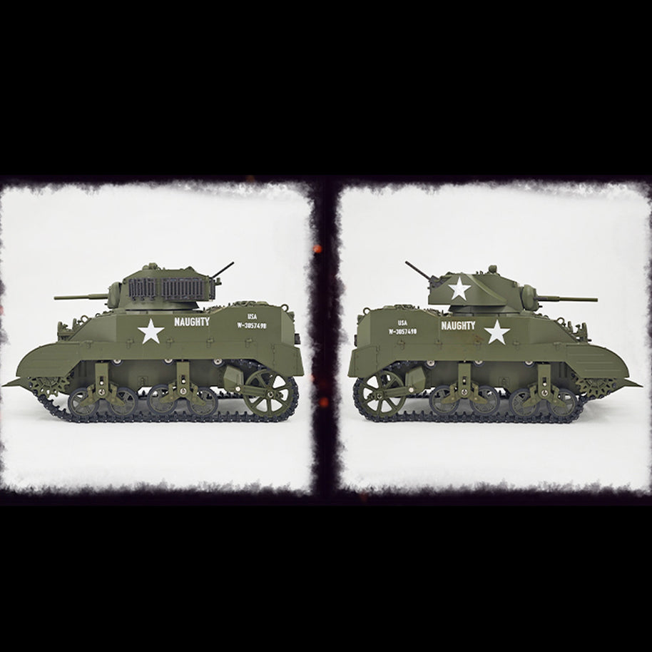1/16 米軍M5A1スチュアート軽戦車 RC 2.4G 影仕上げ 排気スモーク 2段階速度 バッテリー2本付き