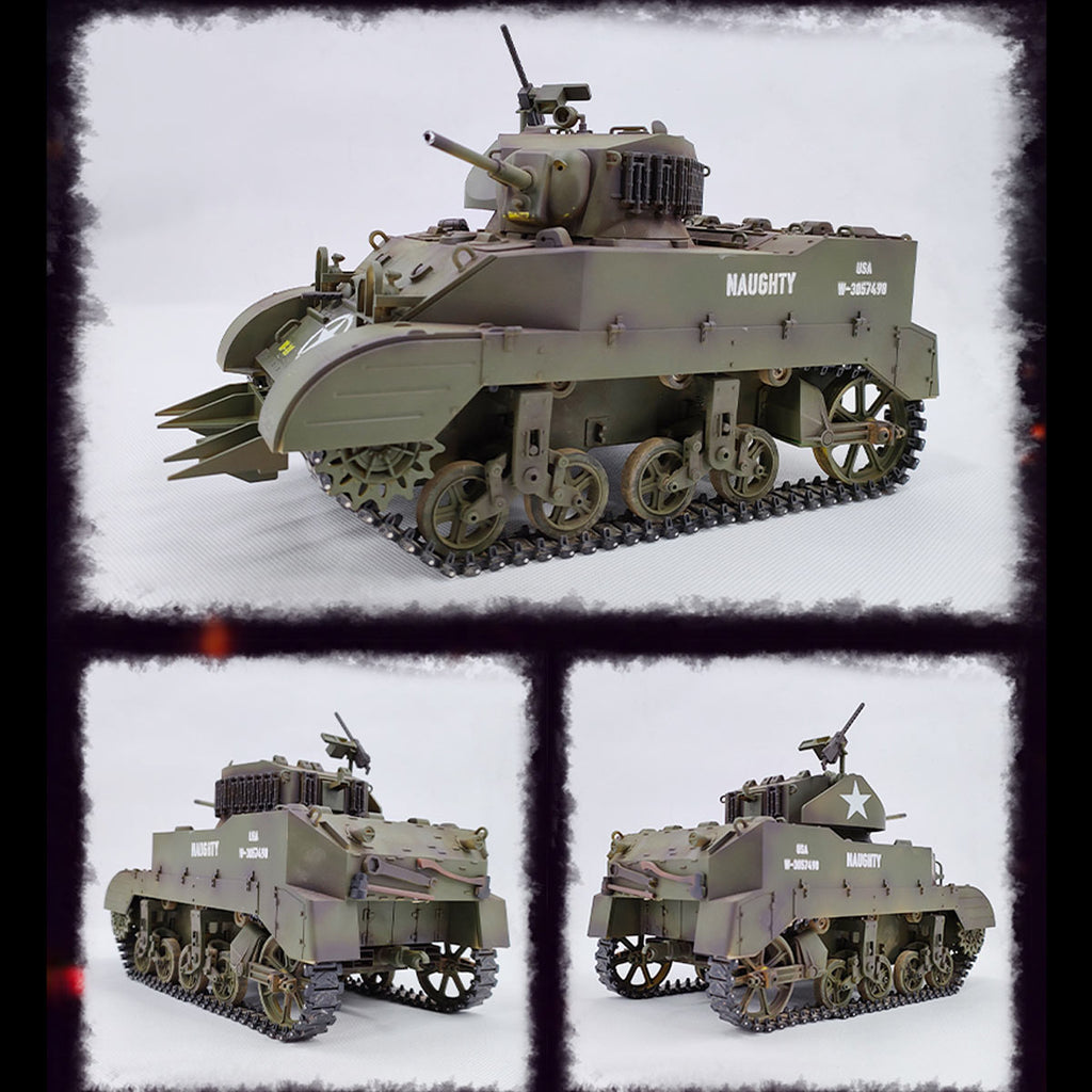 1/16 米軍M5A1スチュアート軽戦車 RC 2.4G 影仕上げ 排気スモーク 2段階速度 バッテリー2本付き
