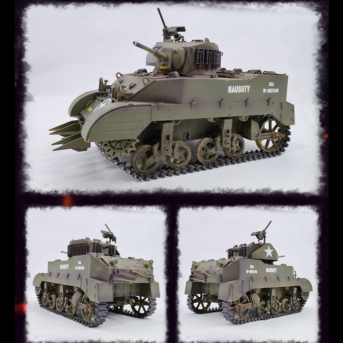 1/16 米軍M5A1スチュアート軽戦車 RC 2.4G 影仕上げ 排気スモーク 2段階速度 バッテリー2本付き