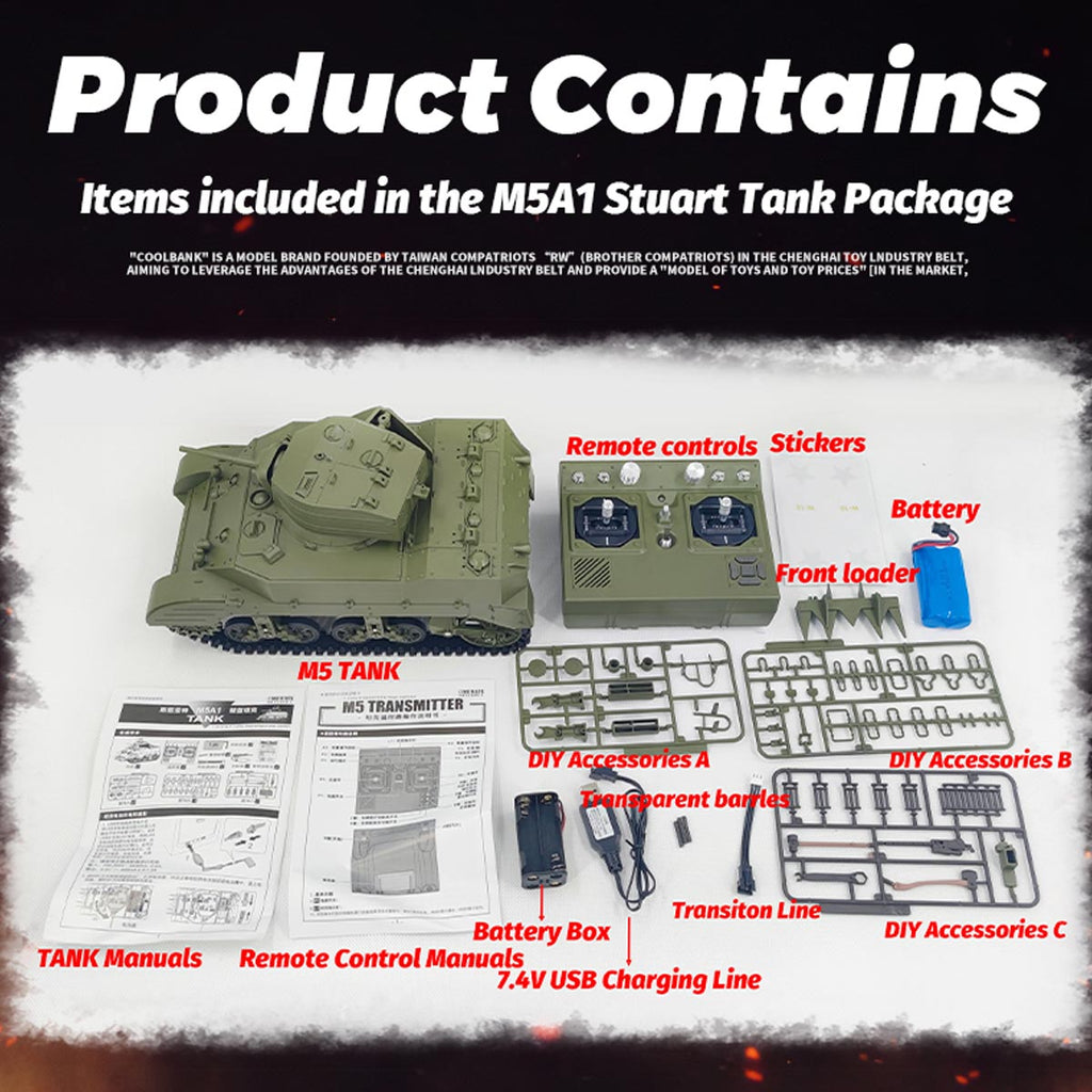 1/16 米軍M5A1スチュアート軽戦車 RC 2.4G 影仕上げ 排気スモーク 2段階速度 バッテリー2本付き