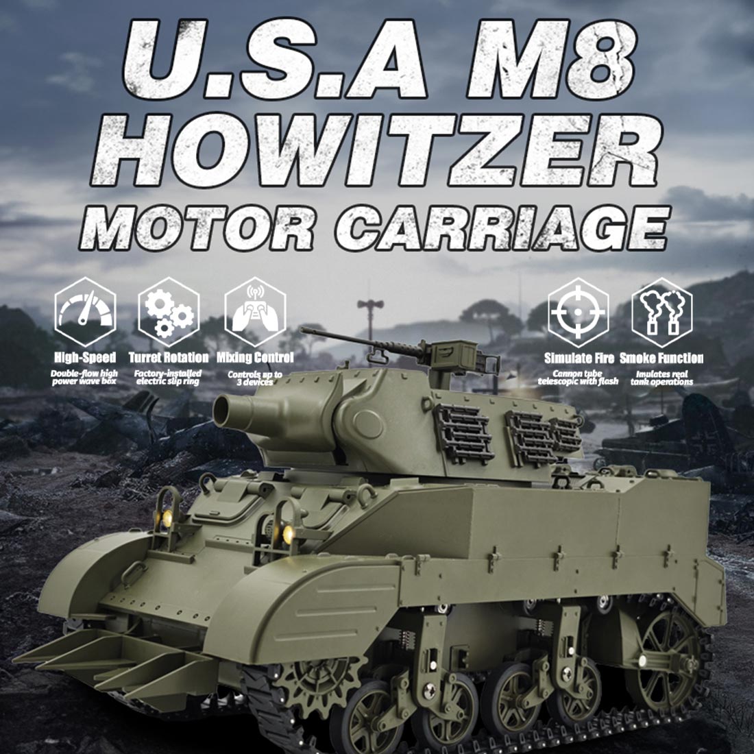 1/16 米軍M8自走榴弾砲 RC戦車 2.4G 伸縮砲身 スモーク効果 2段階速度 RTR
