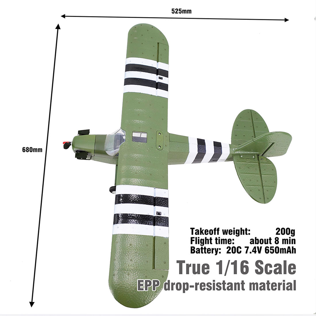 1/16 WWII PIPER J-3 CUB RC 4チャンネルブラシレス固定翼航空機モデル 軍用機トイ（RTFバージョン）