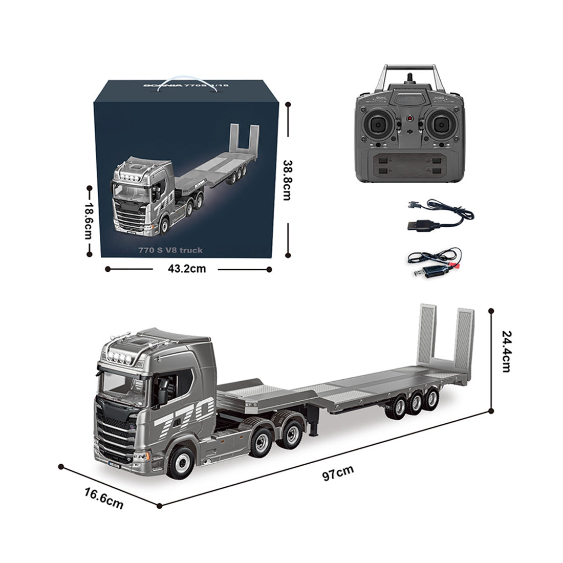 シングルボックスセット 1/18 RC 6x4トラクタートラック 770S フラットベッドトレーラー 2.4GHz ライト&サウンド