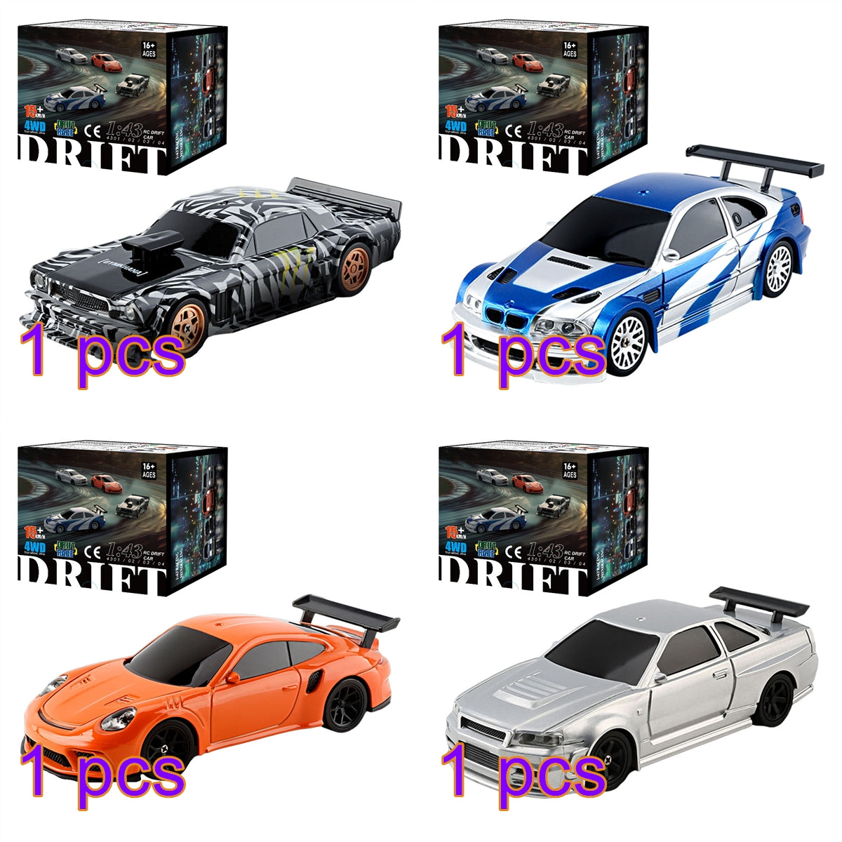 1/43 4WD MINI RCドリフトカーセット｜2.4Gフルプロポーション操作 ライト付き RTR完成車 4色フルセット