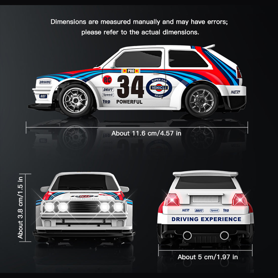 1/43 4WD RCドリフトレーシングカー 青白色 RTR 2.4GHz LEDライト レーシングタイヤ コーン付き MINI RC