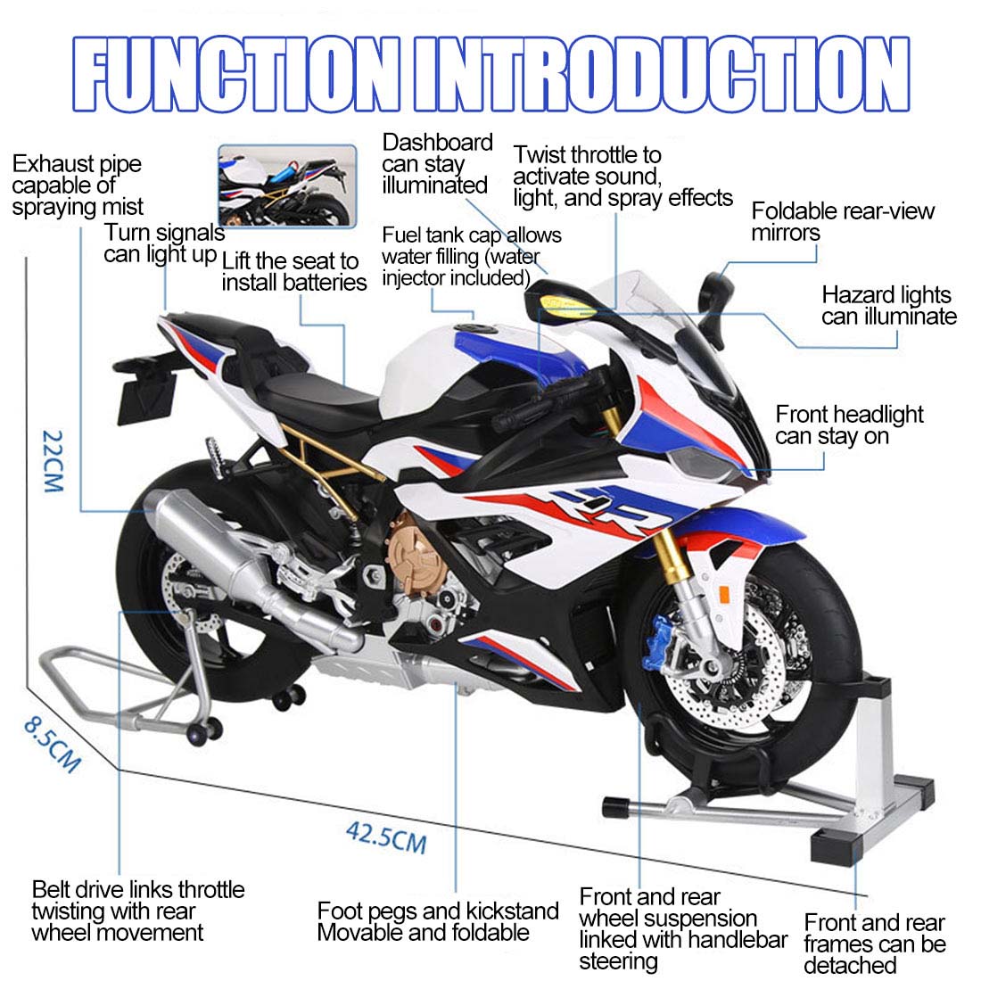 1/6合金バイク模型 R1M/S1000RR｜亜鉛合金&航空アルミCNC加工 ダブル排気噴霧 機械連動可動 音光インタラクティブ コレクションギフト