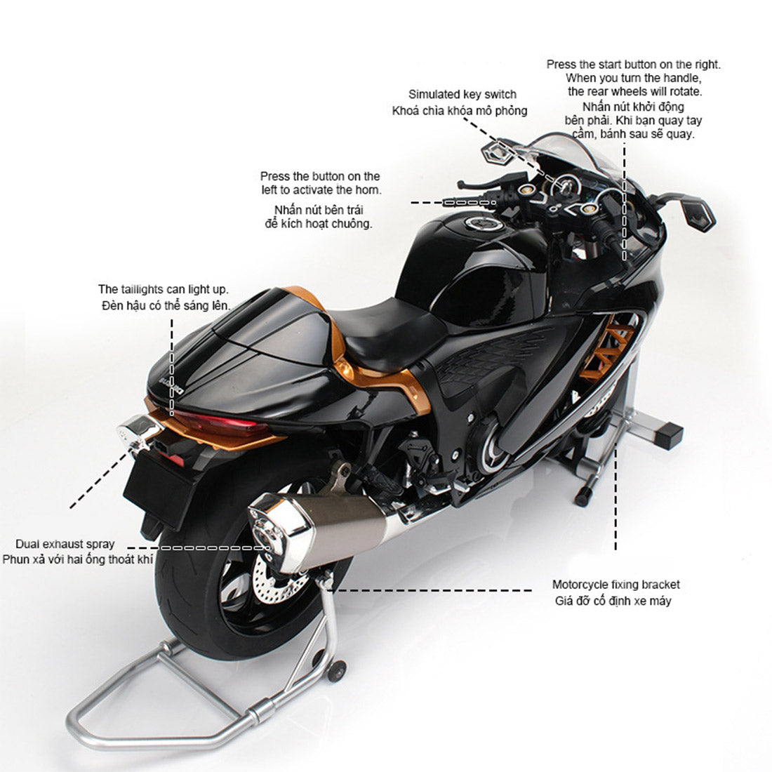 1/6精密合金バイク模型｜航空アルミCNC切削 ダブル排気煙 チェーン&クラッチ機械可動 点火・サウンド・ライトエフェクト 隠し収納設計