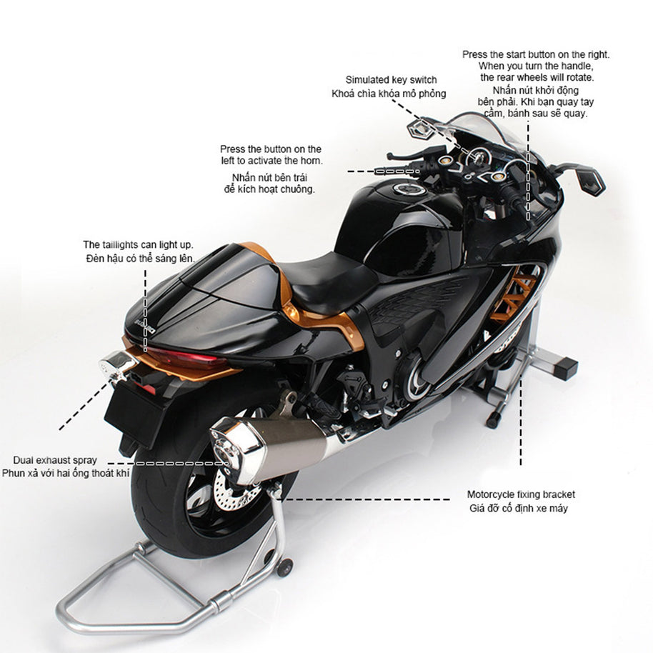 1/6精密合金バイク模型｜航空アルミCNC切削 ダブル排気煙 チェーン&クラッチ機械可動 点火・サウンド・ライトエフェクト 隠し収納設計|RTRHOBBYJP