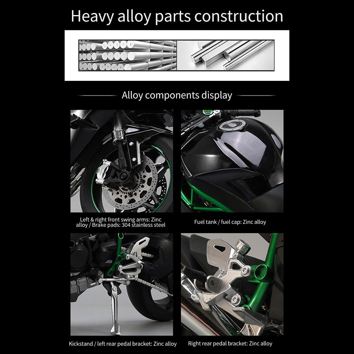 1/6 H2Rトラックエディション合金バイク模型｜航空アルミCNC切削 ダブル排気煙 チェーン&クラッチ機械可動 点火・サウンド・ライト 隠し収納設計|RTRHOBBYJP