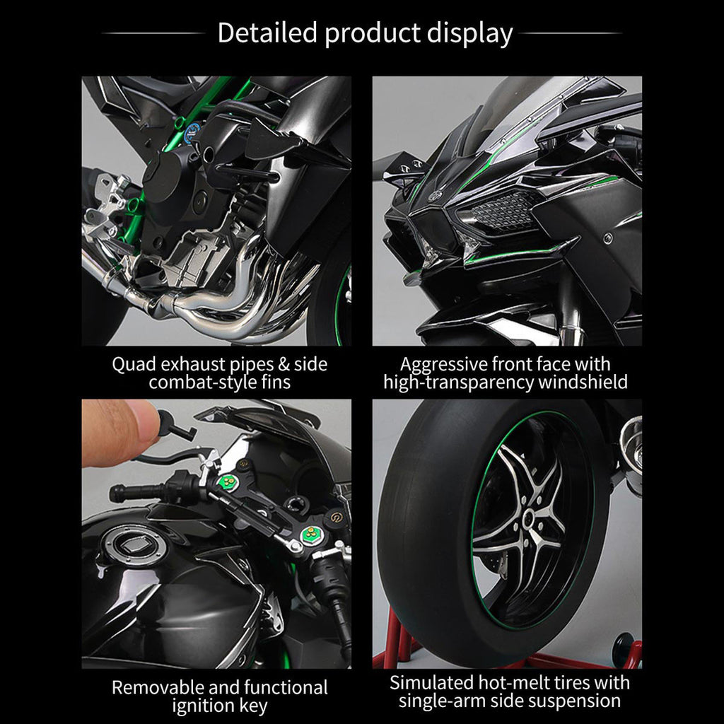 1/6 H2Rトラックエディション合金バイク模型｜航空アルミCNC切削 ダブル排気煙 チェーン&クラッチ機械可動 点火・サウンド・ライト 隠し収納設計