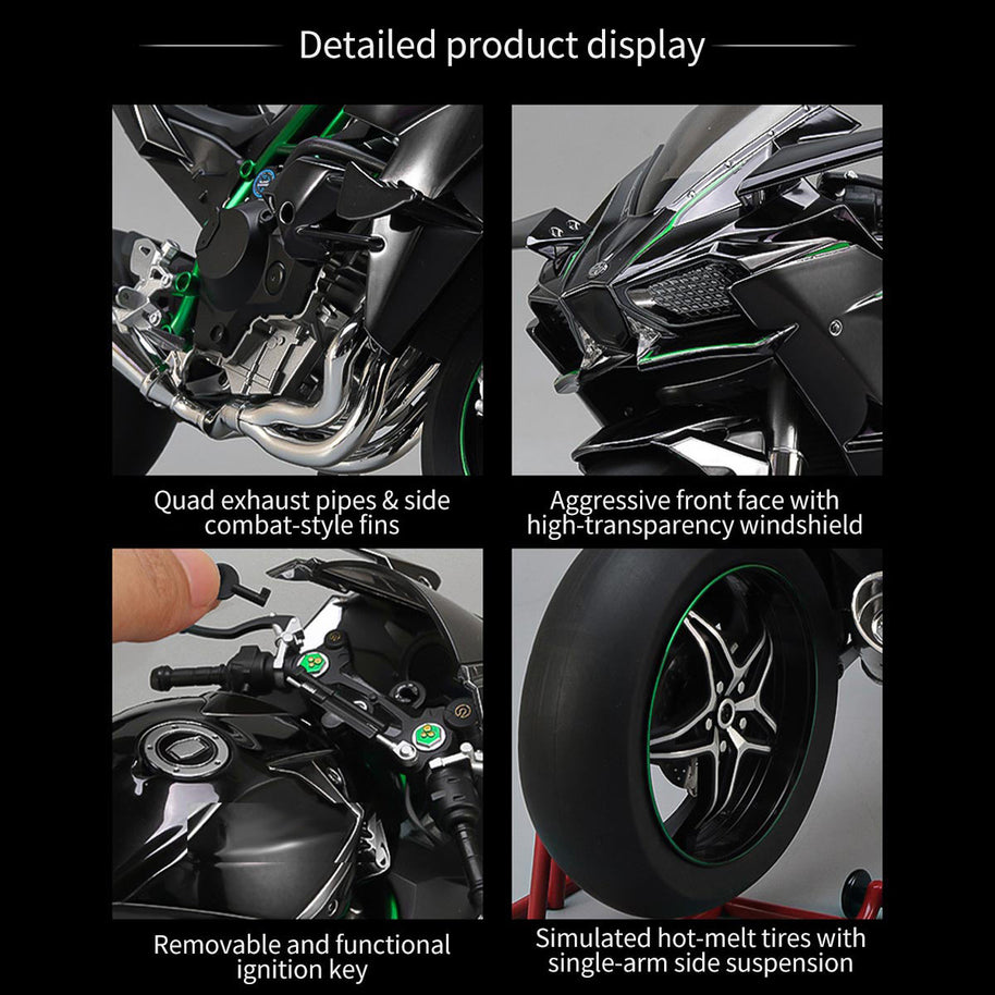 1/6 H2Rトラックエディション合金バイク模型｜航空アルミCNC切削 ダブル排気煙 チェーン&クラッチ機械可動 点火・サウンド・ライト 隠し収納設計|RTRHOBBYJP