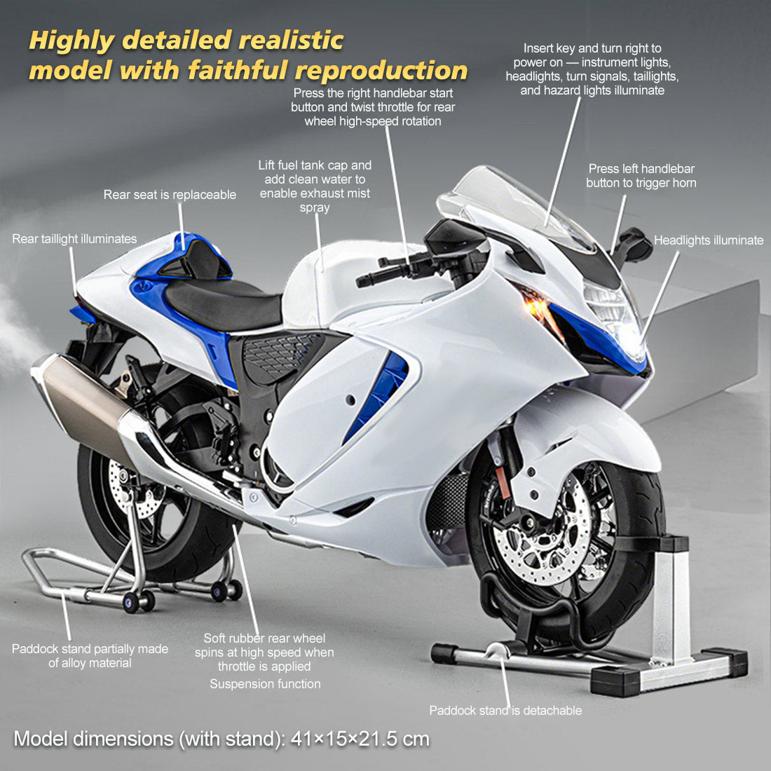 1/6合金RCバイク模型｜実機点火・排気噴霧機能 エンジンサウンド フルLEDライト 手動&リモコンデュアル操作 デスクトップディスプレイ|RTRHOBBYJP