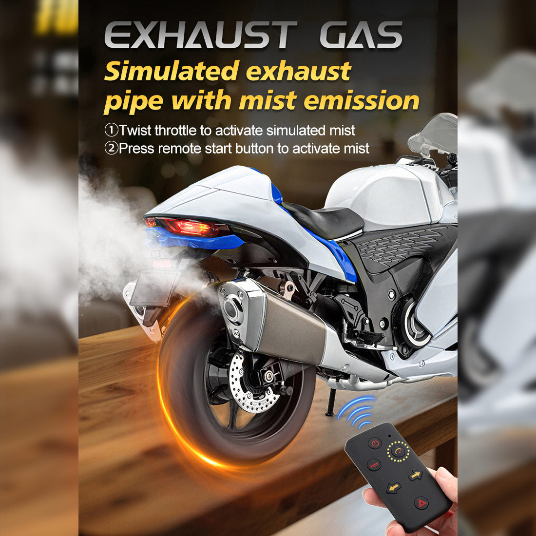 1/6合金RCバイク模型｜実機点火・排気噴霧機能 エンジンサウンド フルLEDライト 手動&リモコンデュアル操作 デスクトップディスプレイ