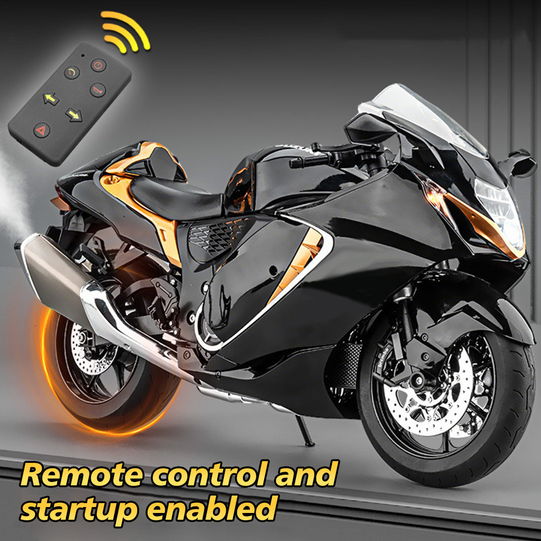 1/6合金RCバイク模型｜実機点火・排気噴霧機能 エンジンサウンド フルLEDライト 手動&リモコンデュアル操作 デスクトップディスプレイ