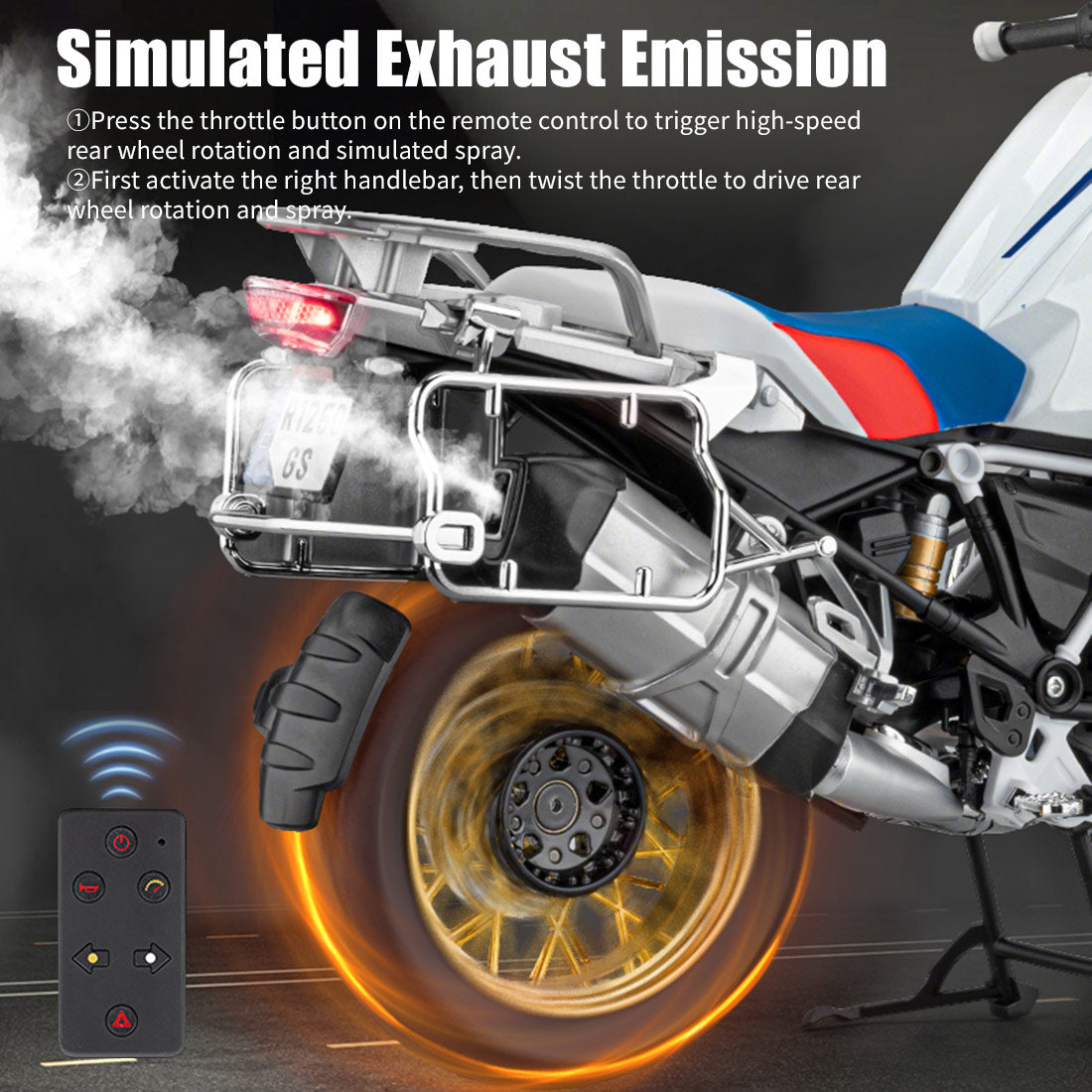 1/6 R1250GS合金RCバイク模型｜実機点火・排気噴霧 リアルエンジンサウンド フルLEDライト 手動&リモコン両用操作 コレクションモデル