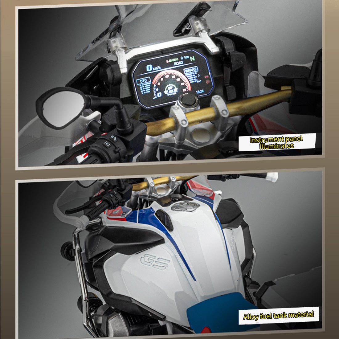 1/6 R1250GS合金RCバイク模型｜実機点火・排気噴霧 リアルエンジンサウンド フルLEDライト 手動&リモコン両用操作 コレクションモデル