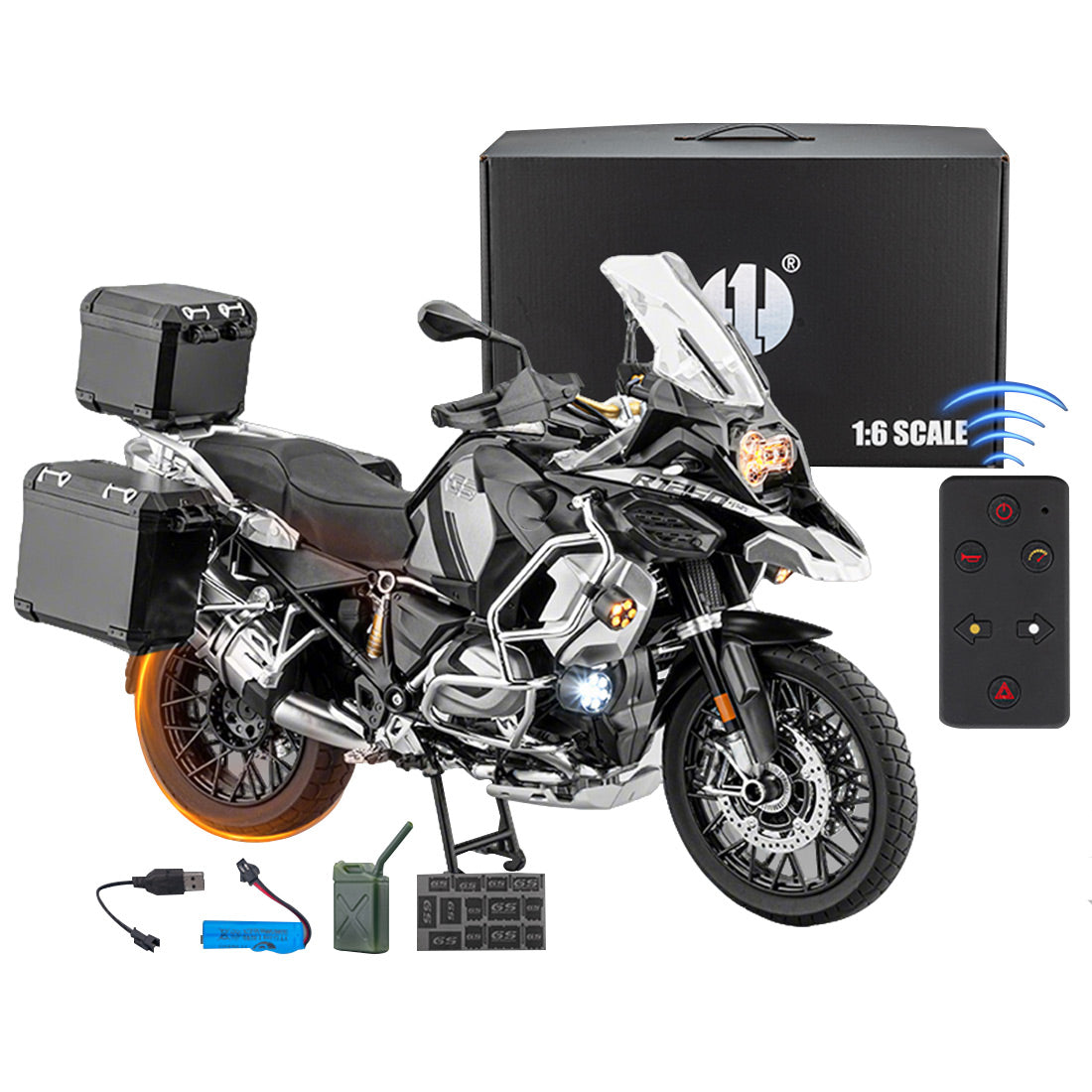 1/6 R1250GS合金RCバイク模型｜実機点火・排気噴霧 リアルエンジンサウンド フルLEDライト 手動&リモコン両用操作 コレクションモデル