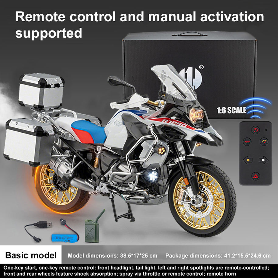 1/6 R1250GS合金RCバイク模型｜実機点火・排気噴霧 リアルエンジンサウンド フルLEDライト 手動&リモコン両用操作 コレクションモデル|RTRHOBBYJP