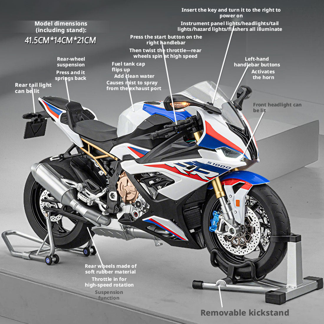 1/6 S1000RR合金RCバイク模型｜実機点火・排気噴霧 リアルエンジンサウンド フルLEDライト 手動&リモコンデュアル操作 コレクションギフト|RTRHOBBYJP