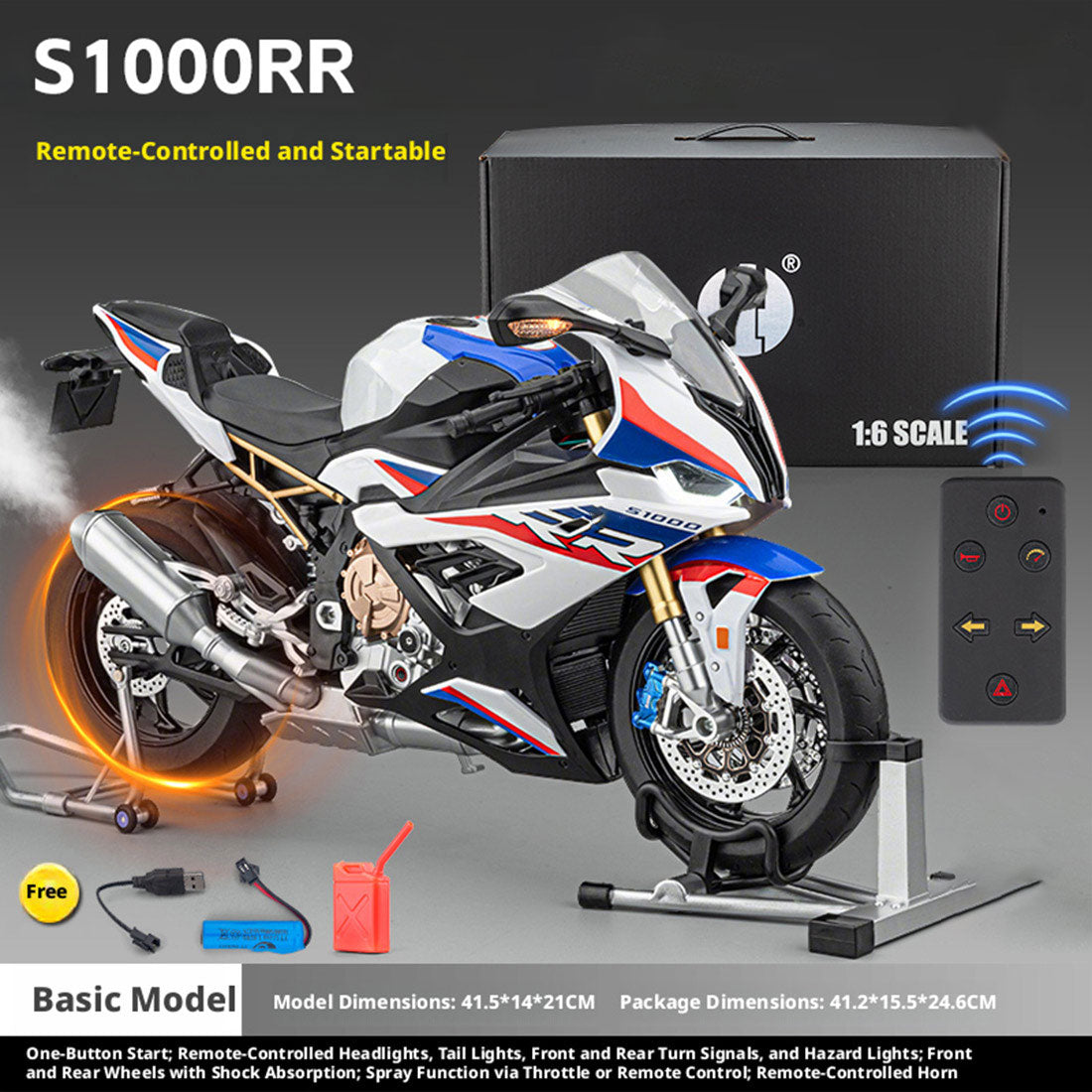 1/6 S1000RR合金RCバイク模型｜実機点火・排気噴霧 リアルエンジンサウンド フルLEDライト 手動&リモコンデュアル操作 コレクションギフト|RTRHOBBYJP