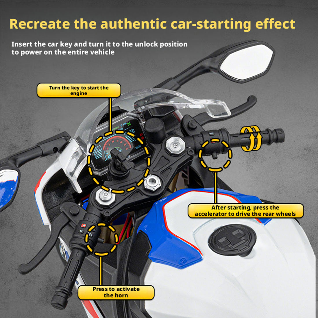 1/6 S1000RR合金RCバイク模型｜実機点火・排気噴霧 リアルエンジンサウンド フルLEDライト 手動&リモコンデュアル操作 コレクションギフト
