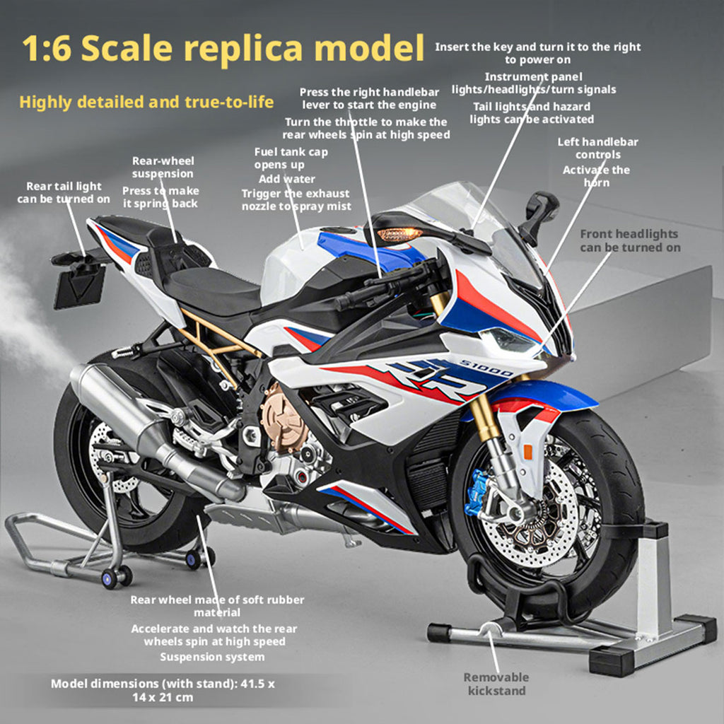 1/6 S1000RR合金RCバイク模型｜実機点火・排気噴霧 リアルエンジンサウンド フルLEDライト 手動&リモコンデュアル操作 コレクションギフト