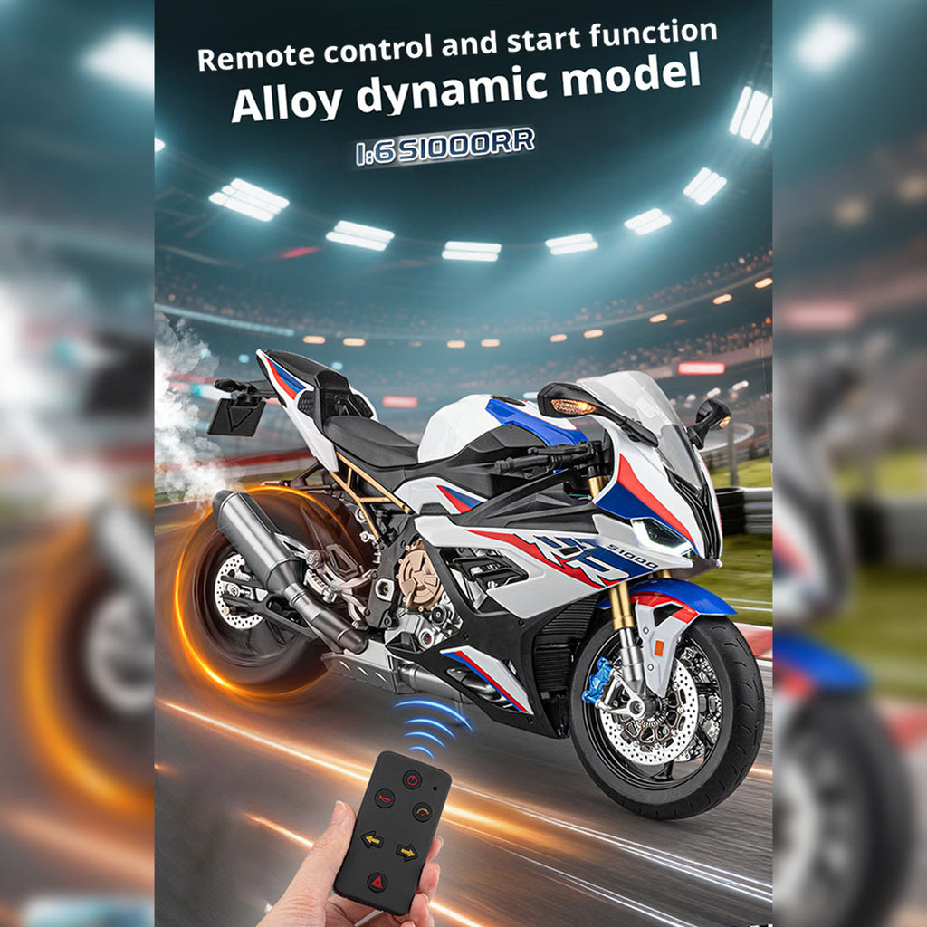 1/6 S1000RR合金RCバイク模型｜実機点火・排気噴霧 リアルエンジンサウンド フルLEDライト 手動&リモコンデュアル操作 コレクションギフト