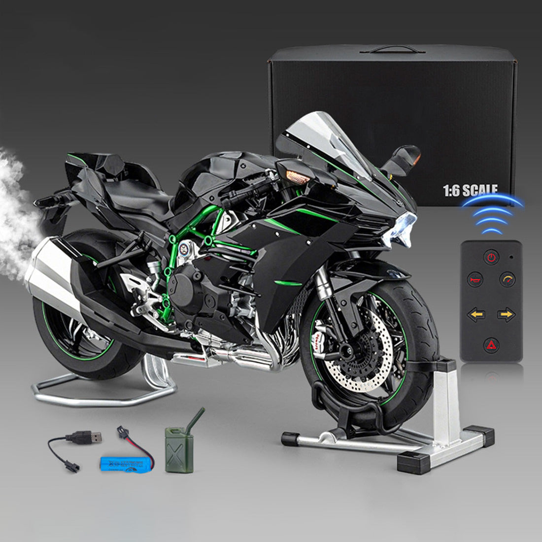 1/6 H2R合金RCバイク｜レーシング仕様 キー始動&スロットル連動 ライト音響効果 排気ミスト サス可動モデル